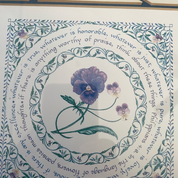 Susan Loy Art, 10x10, framed and matted Pansy/Thoughts, Literary Calligraphy Art - Picture 3 of 11